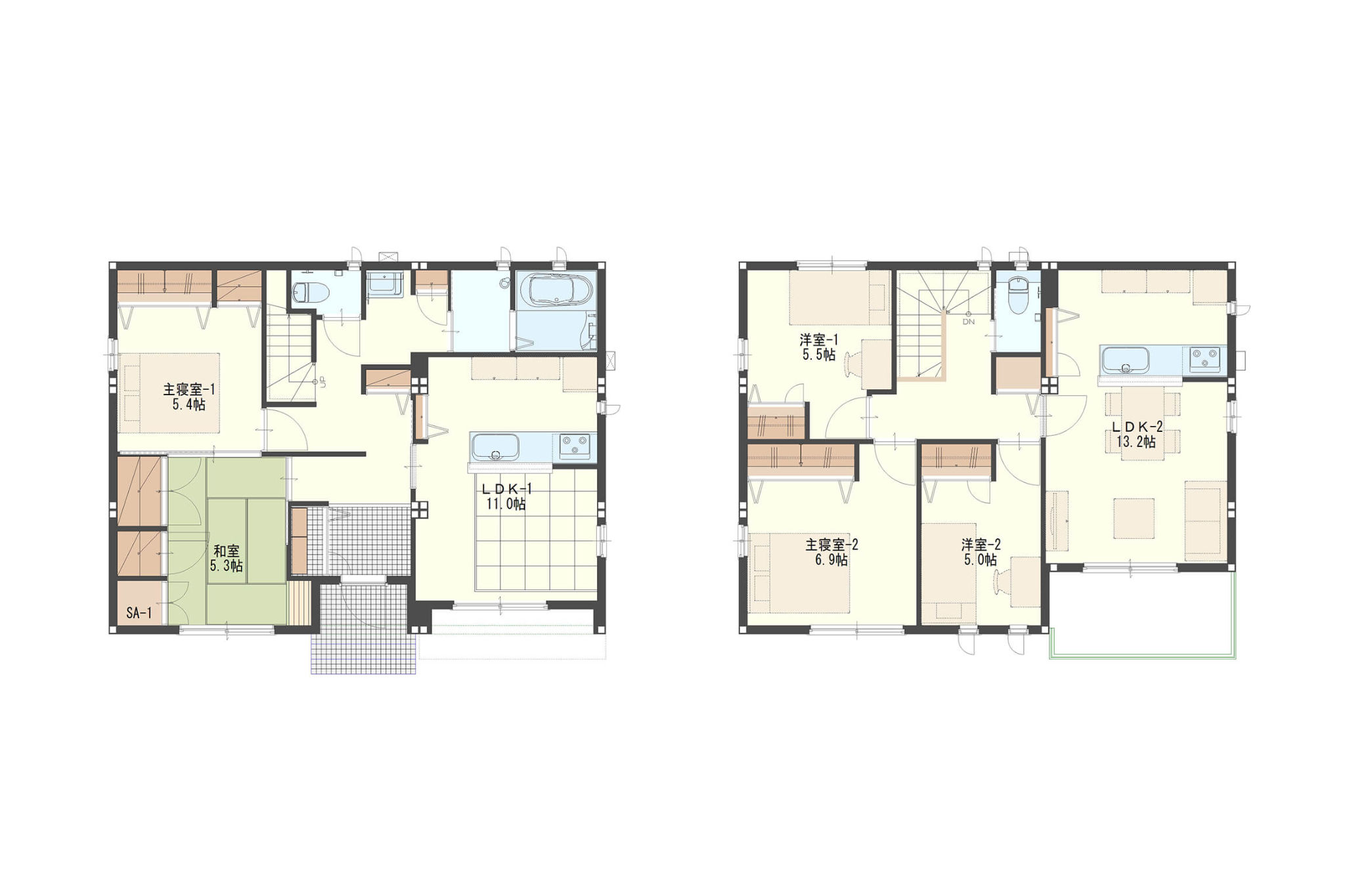 【41.5坪】玄関と水回りを一部共用にした二世帯住宅間取り図