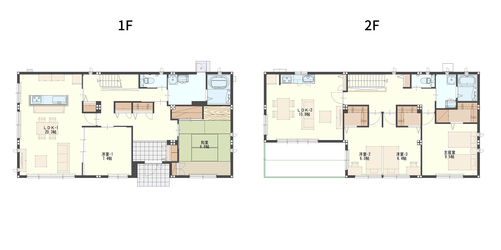 【61.4坪】内階段でつながる上下分離タイプの二世帯住宅の間取り図