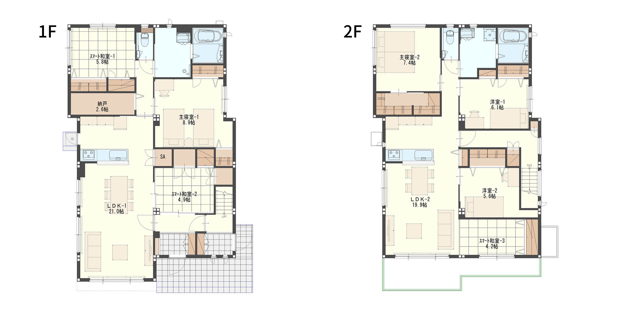 【63.5坪】内扉で行き来しやすい完全分離タイプの二世帯住宅の間取り図