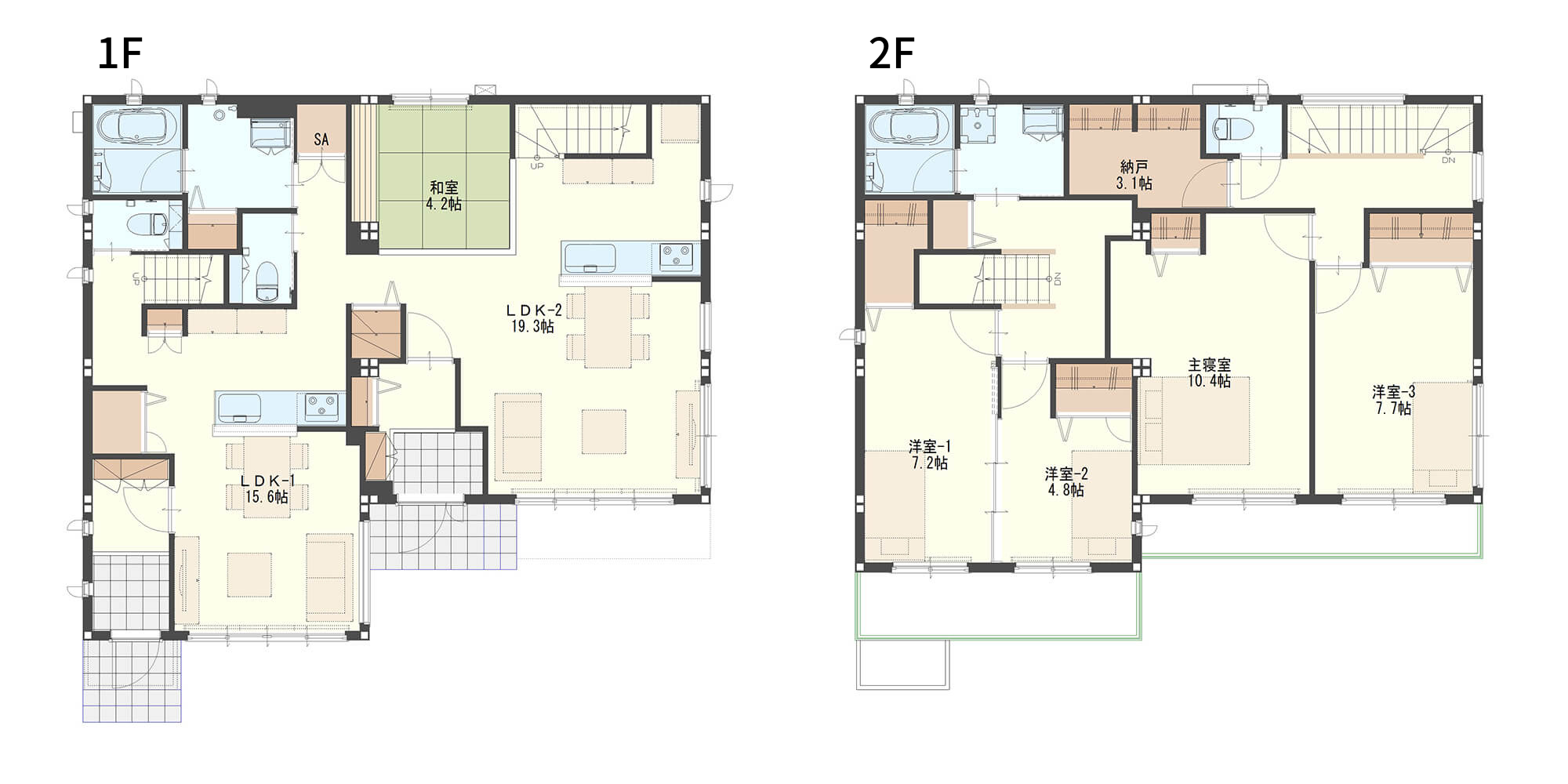 【55.9坪】団らんスペースとプライバシースペースを上下階でゾーン分けした二世帯住宅の間取り図