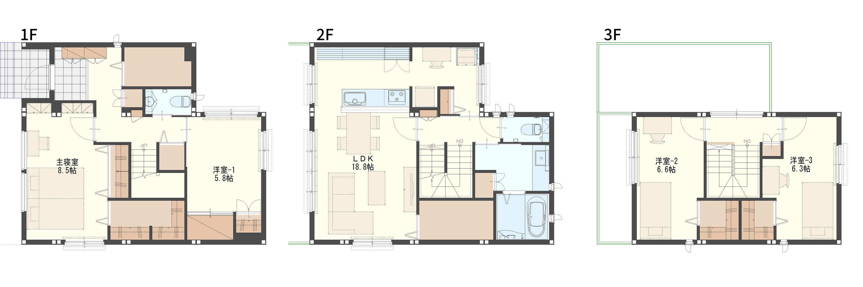 家事動線がコンパクトな3階建ての間取り図