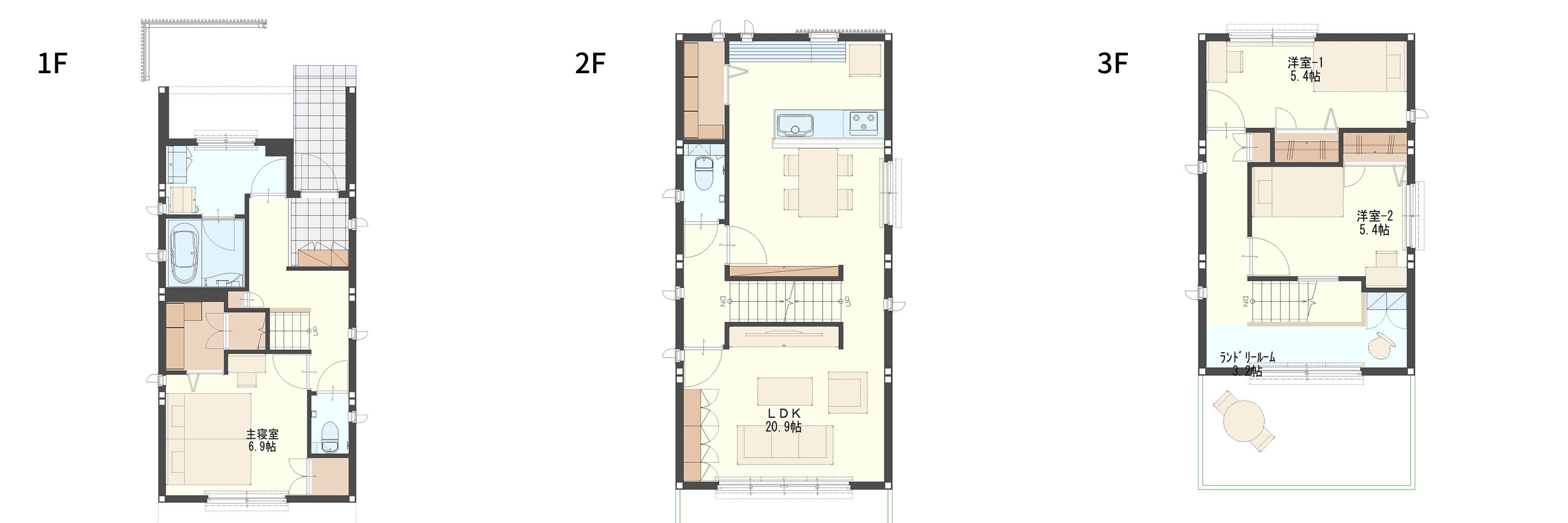 家族4人でゆったり暮らせる狭小住宅の3階建ての間取り図