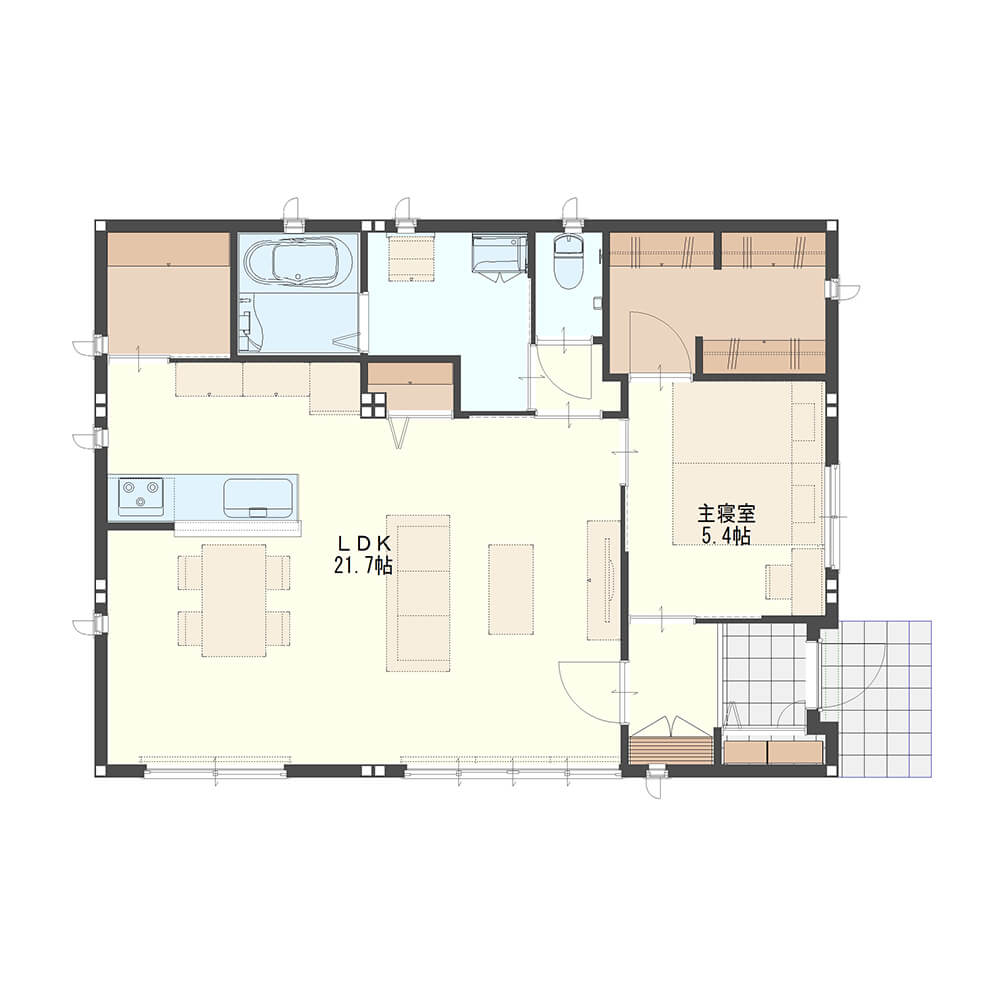 【延べ床面積21.6坪、LDK21.7畳】夫婦二人で暮らす平屋