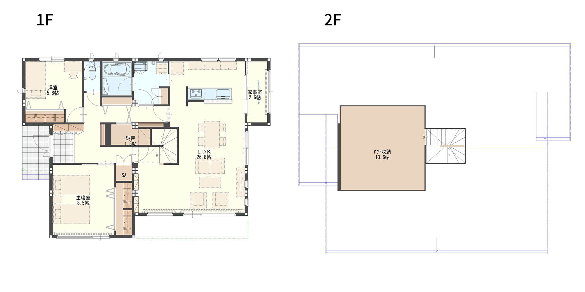 【延べ床面積32.7坪、LDK26.8畳】夫婦＋子ども1人で暮らす平屋