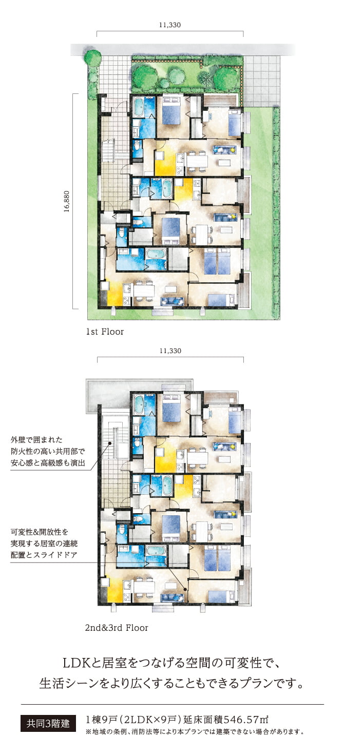 LDKと居室をつなげる空間の可変性で、生活シーンをより広くすることもできるプランです。